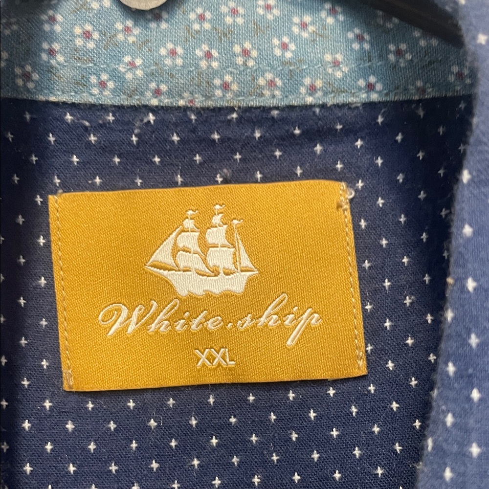 Navy Patterned Button-Down Shirt Tagged XXL (Fits Like Large) – Great Condition - Picture 2 of 3